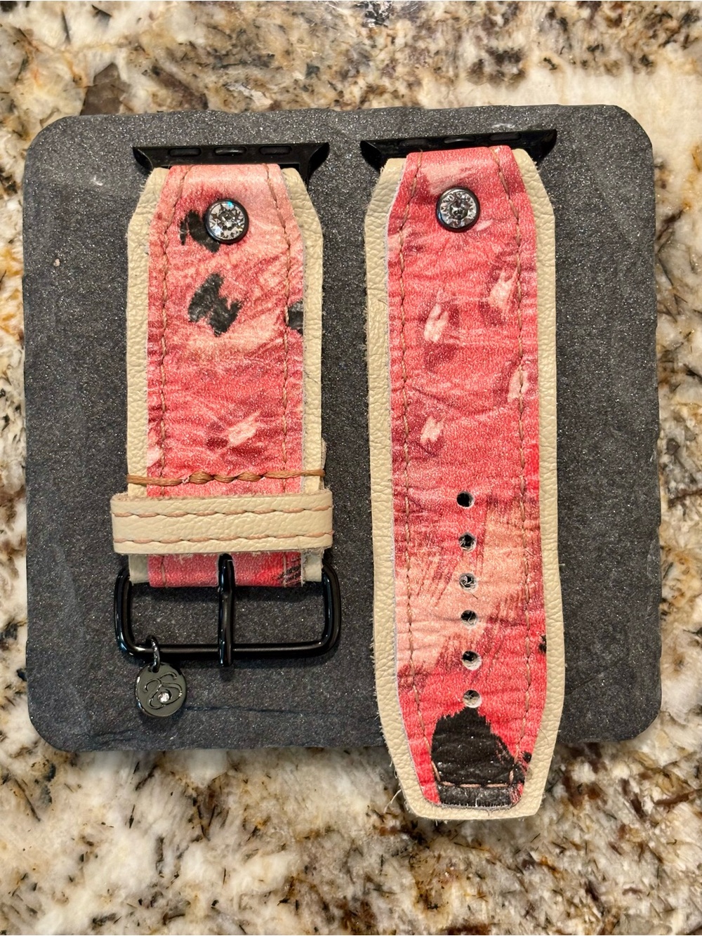 Pink and Cream Leather Watch Band with Black Hardware